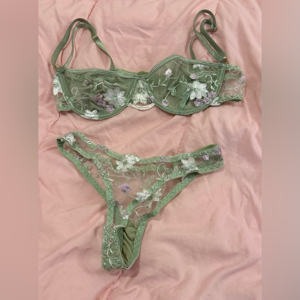 Floral Embroidered Green Lingerie Set